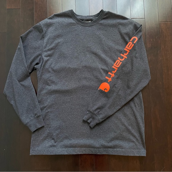 Carhartt Men's Long Sleeve Dark Gray Orange Sleeve Logo Size Large Loose fit - Picture 1 of 4